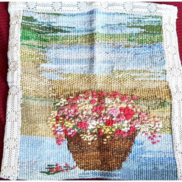 Vintage Tapestry Technique Needlepoint Panel Square Hand Woven Cottage 13*13 in - Picture 1 of 8
